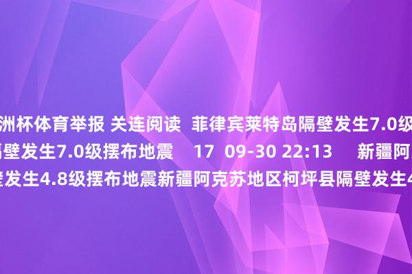 欧洲杯体育举报 关连阅读  菲律宾莱特岛隔壁发生7.0级摆布地震菲律宾莱特岛隔壁发生7.0级摆布地震    17  09-30 22:13     新疆阿克苏地区柯坪县隔壁发生4.8级摆布地震新疆阿克苏地区柯坪县隔壁发生4.8级摆布地震    136  09-02 16:04     台湾宜兰县发生4.9级地震 震源深度110千米台湾宜兰县发生4.9级地震 震源深度110千米    51  08-